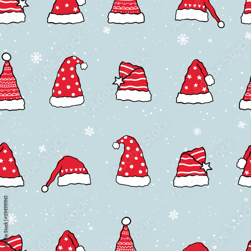 Fun hand drawn christmas seamless pattern with cute santa hats, great for textiles, banners, wallpapers, wrapping - vector design