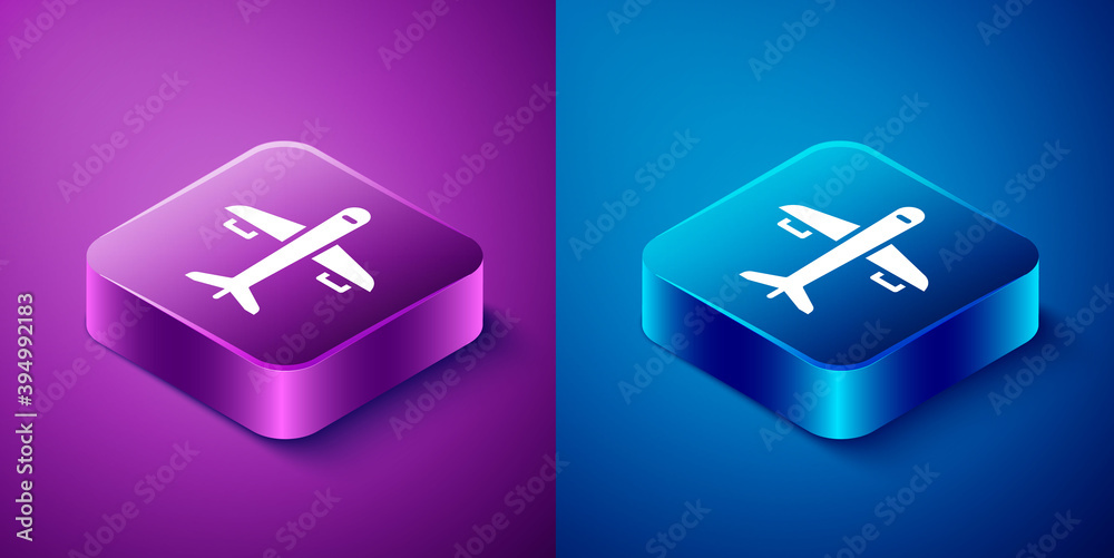 Isometric Plane icon isolated on blue and purple background. Flying airplane icon. Airliner sign. Square button. Vector. Isometric Plane icon isolated on blue and purple background. Flying airplane icon. Airliner sign. Square button. Vector.