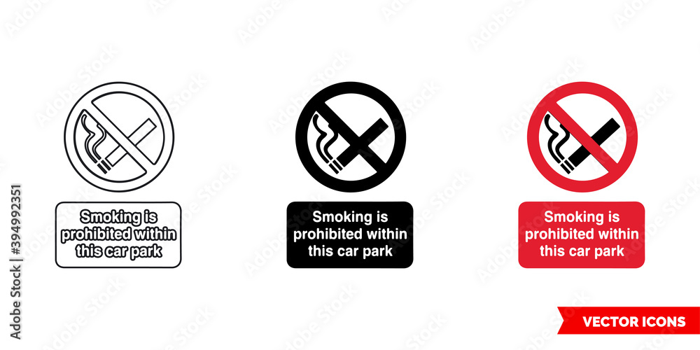 Smoking is prohibited within this car park prohibitory sign icon of 3 types color, black and white, outline. Isolated vector sign symbol.