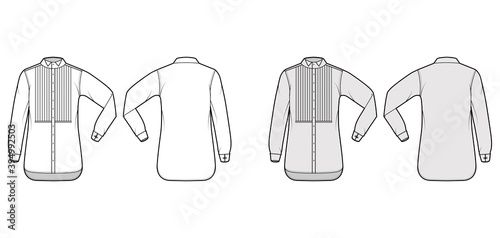 Shirt tuxedo dress technical fashion illustration with pleated pintucked bib, elbow fold long sleeves with french cuff, wing collar. Flat template front back white grey color. Women men unisex top CAD