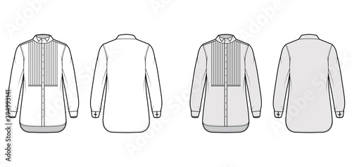 Shirt tuxedo dress technical fashion illustration with pleated pintucked bib, long sleeves with french cuff, wing collar, relax fit. Flat template front back white grey color. Women men unisex top CAD