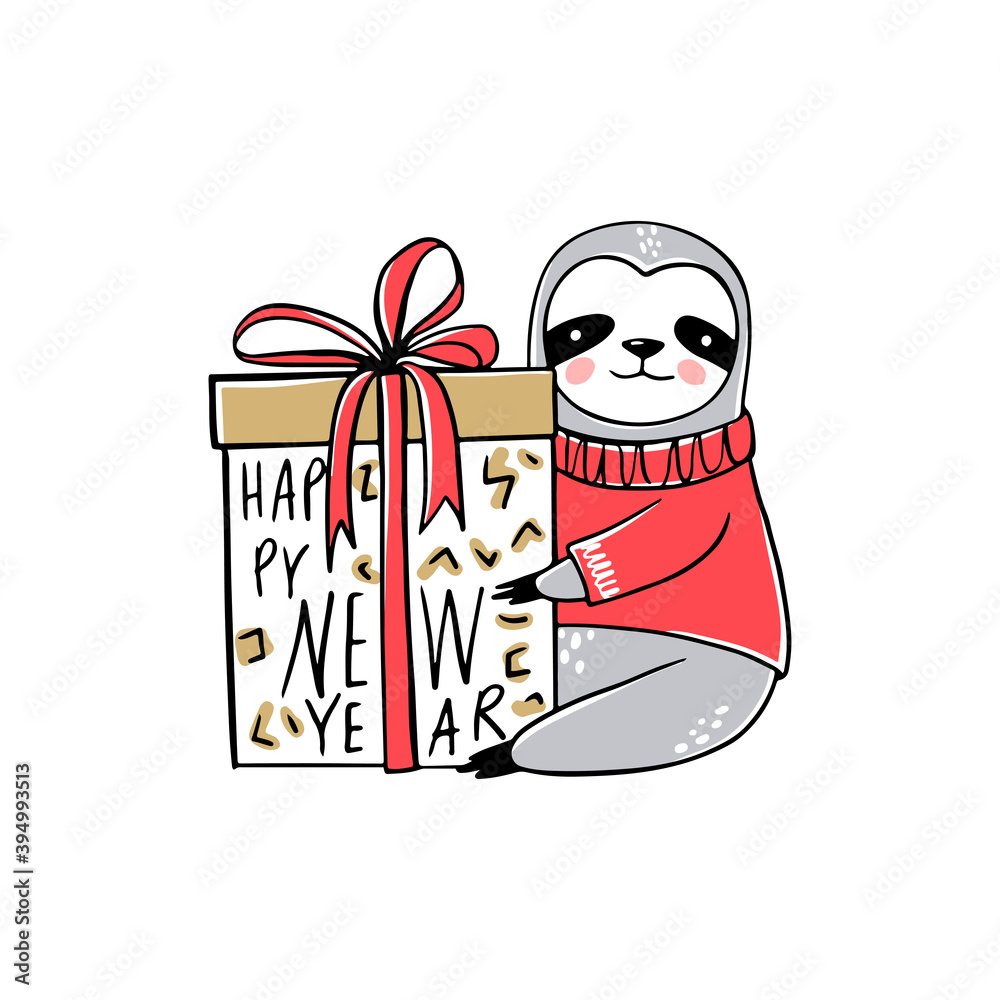 Fototapeta premium Cute vector sloth bear with ugly sweater and gift box. Doodle, sketch style. Christmas greeting card.