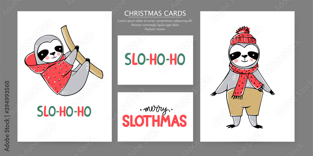Fototapeta premium Cute Sloth, Merry Christmas cards collection. Vector funny illustrations for winter holidays. Doodle lazy sloths bears and lettering inscriptions. Happy New Year and Xmas animals set