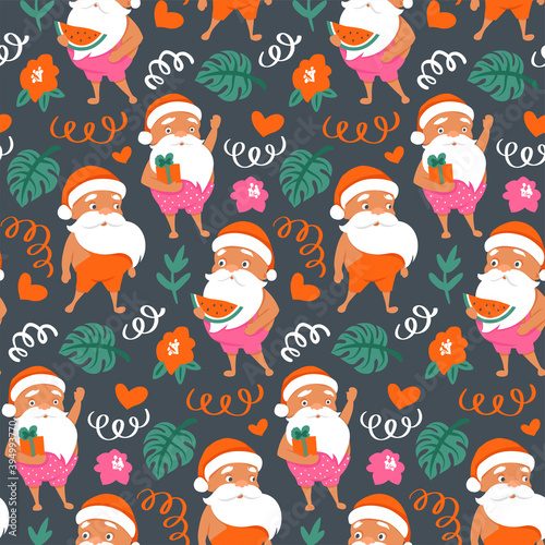 Summer Santa Claus seamless pattern. Merry Christmas at the beach background. Tropical Christmas and happy New Year texture.