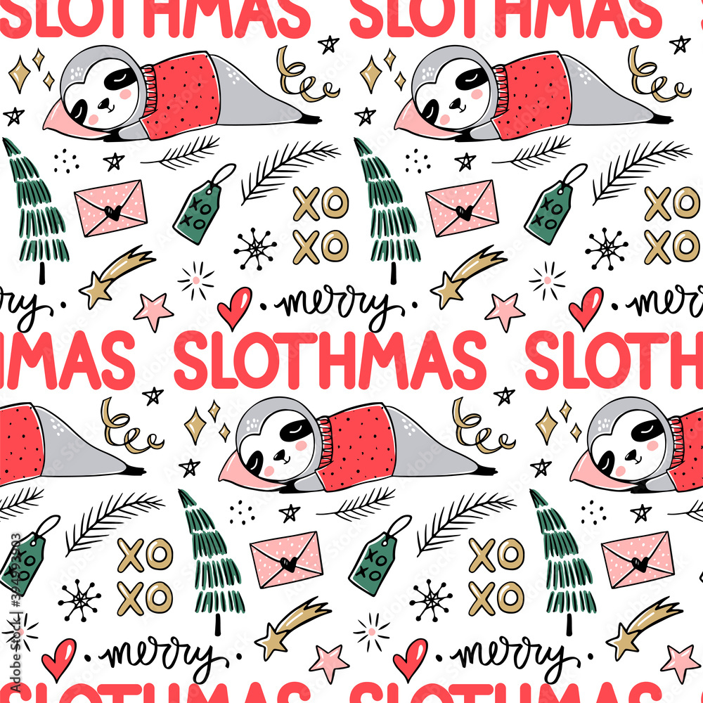 Fototapeta premium Cute Sloth seamless pattern, winter cozy background. Doodle lazy sloth bear sleeping with ugly sweater, christmas tree.