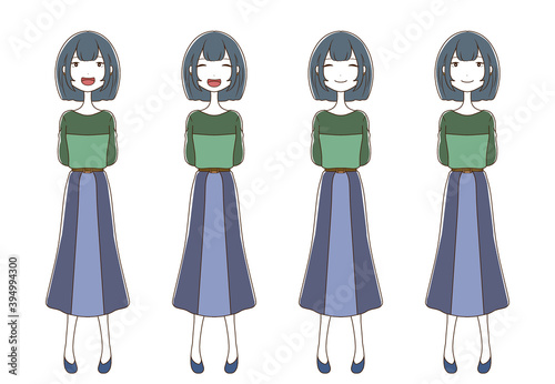 手を後ろに回して立っている笑顔の女性の全身イラストセット