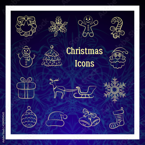 Set Cartoon Pictogram, Signs for Christmas Holiday Design, White Contours on Blue Background. Vector