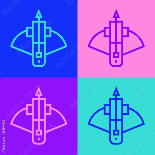 Pop art line Battle crossbow with arrow icon isolated on color background. Vector.