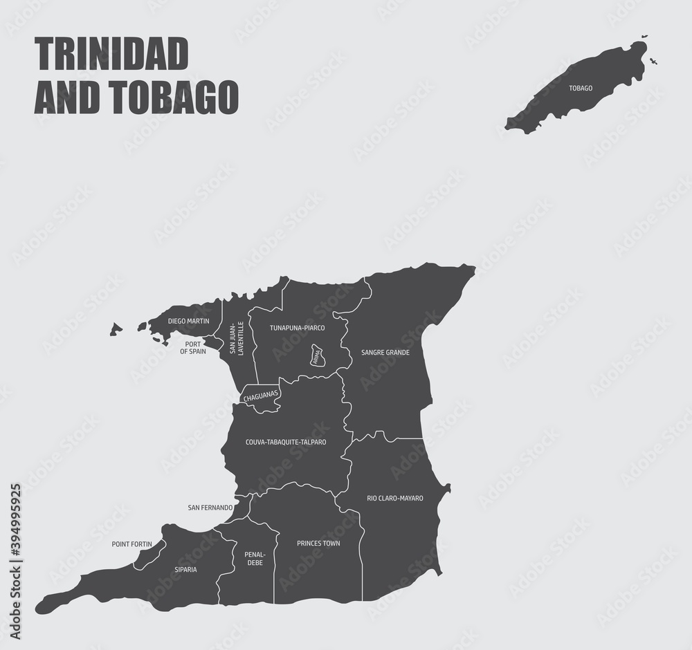 Trinidad and Tobago isolated map divided in states with labels Stock