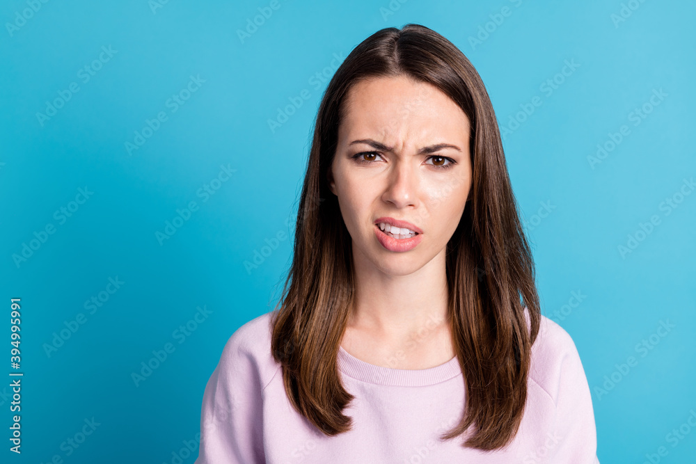 What a hell. Closeup photo of displeased lady look boyfriend kissing other girl questioned facial expression getting angry wear casual purple sweatshirt isolated blue color background What a hell. Closeup photo of displeased lady look boyfriend kissing other girl questioned facial expression getting angry wear casual purple sweatshirt isolated blue color background