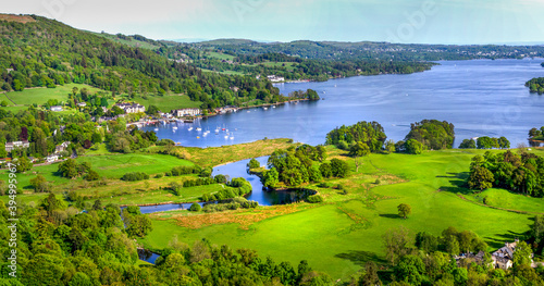 The vast expanse of Lake Windermere shown from above the village of Ambleside in the British Lake District.  photo