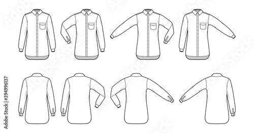 Set of Shirt button-down technical fashion illustration with angled pocket  elbow fold  straight long sleeves  regular collar. Flat template front  back white color. Women men unisex top CAD mockup