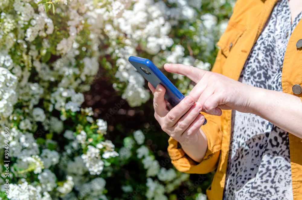 A girl writes in a smartphone against a background of white flowers
