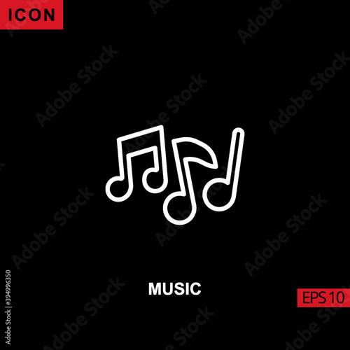 Music icon outline, line, lineal or linear on black background.
