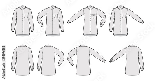 Set of Shirt button-down technical fashion illustration with angled pocket  elbow fold  straight long sleeves  oversized  regular collar. Flat template front  back grey color. Women men top CAD mockup