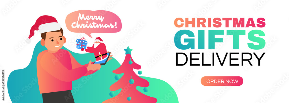 boy using smartphone app christmas gifts delivery santa claus with gift box vector cartoon banner 