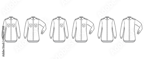 Set of Shirt epaulette technical fashion illustration with flaps angled pockets, elbow fold long sleeve, relax fit, button-down, regular collar. Flat template front white color. Women men unisex CAD photo