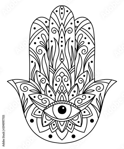 Vector illustration. Black and white coloring with hamsa