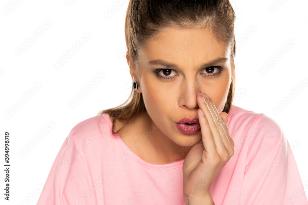 portrait of young beautiful woman, whispers on white portrait of young beautiful woman, whispers on white