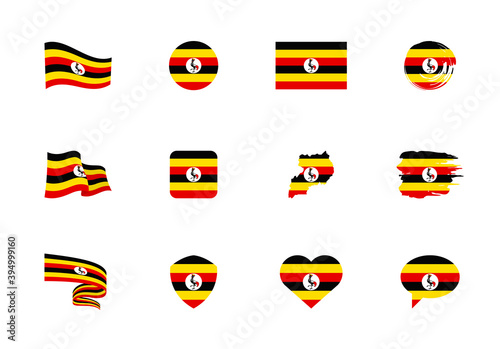 Uganda flag - flat collection. Flags of different shaped twelve flat icons.