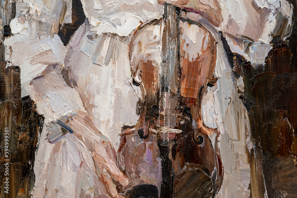 girl in a white dress holding a violin in her hands. Palette knife technique of oil painting and brush.