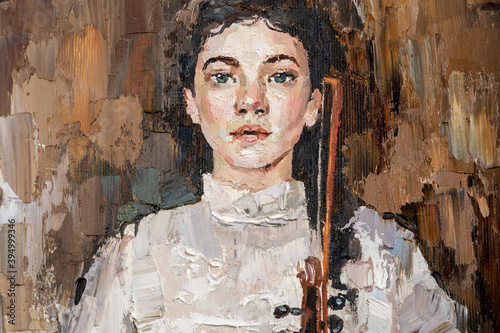 Fototapeta Naklejka Na Ścianę i Meble -  Art painting. Portrait of a girl with brown hair is made in a classic style. Background is dark.