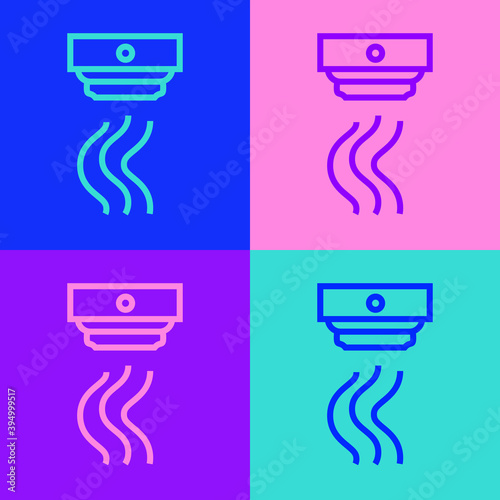 Pop art line Smoke alarm system icon isolated on color background. Smoke detector. Vector.