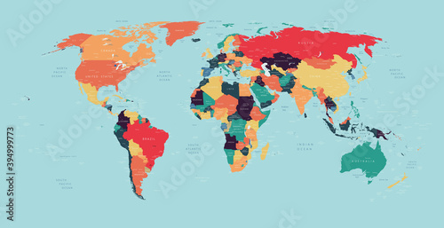 World political vector detailed map in modern colors