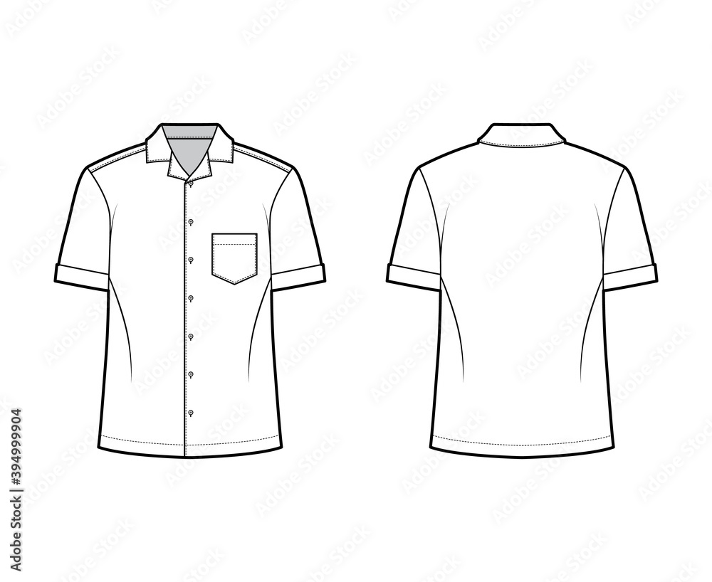 Shirt camp technical fashion illustration with short sleeves, angled ...