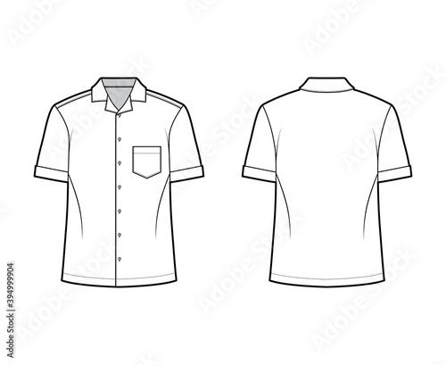 Shirt camp technical fashion illustration with short sleeves, angled patch pocket, relax fit, button-down, open collar. Flat template front, back white color. Women men unisex top CAD mockup
