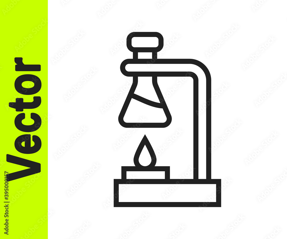 Black line Glass test tube flask on fire heater experiment icon isolated on white background. Laboratory equipment. Vector. Black line Glass test tube flask on fire heater experiment icon isolated on white background. Laboratory equipment. Vector.