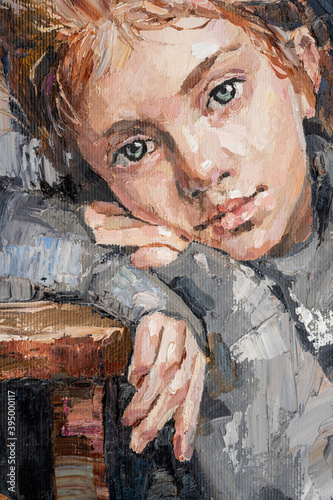 Fototapeta Naklejka Na Ścianę i Meble -  Fragment of portrait  young girl, on a gray-blue cold background. Oil peinting on canvas.