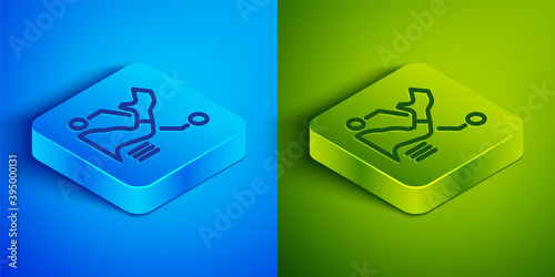 Isometric line Prosthesis hand icon isolated on blue and green background. Futuristic concept of bionic arm, robotic mechanical hand. Square button. Vector.
