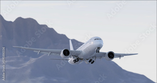 Commercial Jet Plane takes off. Landing gear down 3D render