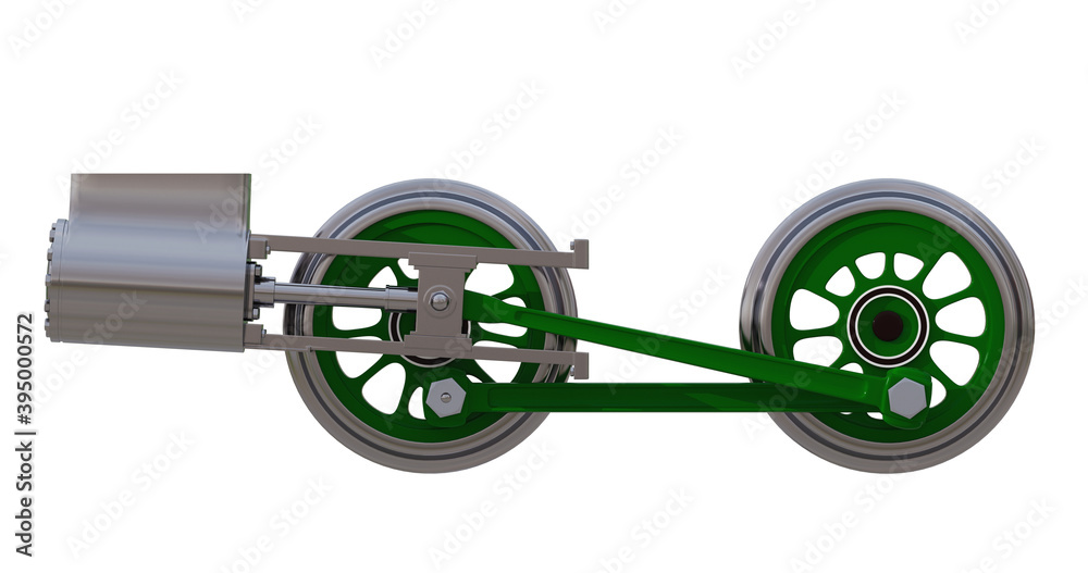 The wheels of the locomotive with the rods and the steam cylinder on white. 3D render