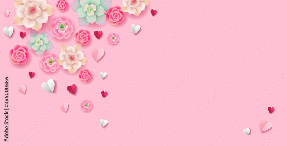 Beautiful tender pink background with flowers and paper hearts. Valentine's day, Women's day or Mother's day floral romantic background