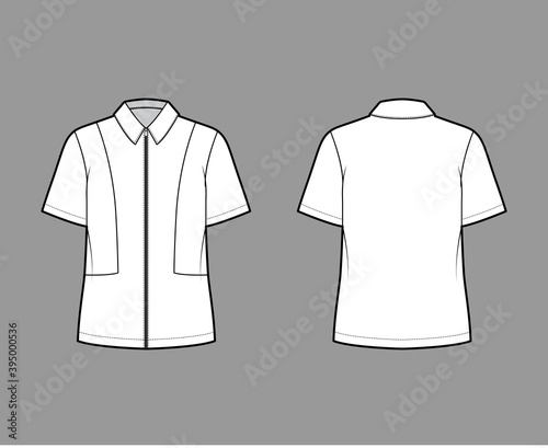 Shirt full zip-up technical fashion illustration with short sleeves, relax fit, yokes, flat collar. Template front, back white color. Women men unisex top CAD mockup