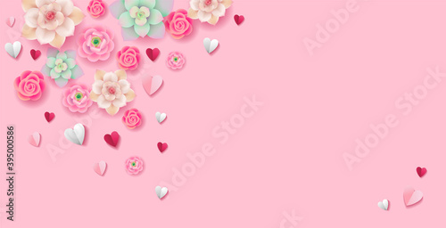 Beautiful tender pink background with flowers and paper hearts. Valentine's day, Women's day or Mother's day floral romantic background © Mariya
