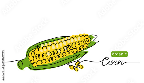 Corn vector illustration, background. One line drawing art illustration with lettering organic corn.