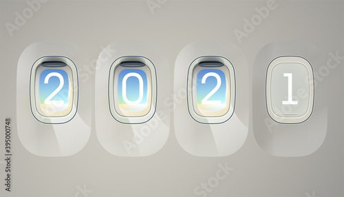Happy New Year 2021 airplane window background. Greeting card 2021 Fonts flyer view from above porthole banner. Celebrate brochure aircraft interior