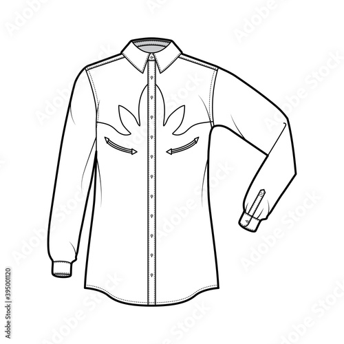 Shirt western technical fashion illustration with elbow fold long sleeves, reinforced pockets, relax fit, yokes, button-down, collar. Flat template front, white color. Women men top CAD mockup