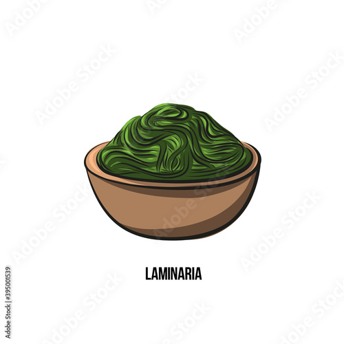 Dried seaweed and nori and kelp. Salad. Sea food. Seaweed in a cup. Hand drawn illustration in sketch style.