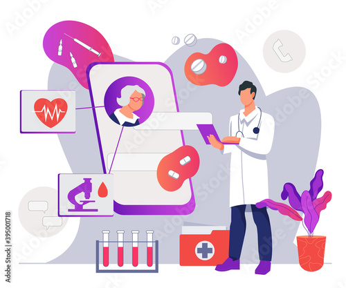 Online doctor consulting patient with diabetes, flat vector illustration isolated on white. Telemedicine and online medical consultation. Specialist advising diabetics via internet application.