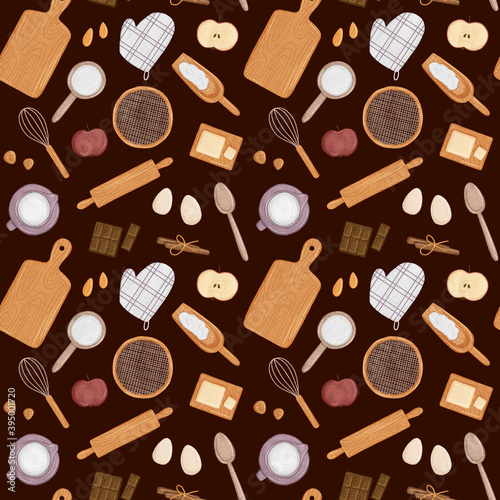 Seamless pattern of bakery elements. Digital illustration of ingredients and kitchen utencils with brown background for print, design, wallpaper, texture.