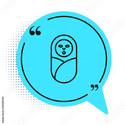 Black line Newborn baby infant swaddled or swaddling icon isolated on white background. Baby kid child wrapped in blanket clothes. Blue speech bubble symbol. Vector.