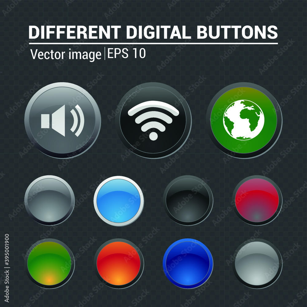 Vector image. Collection of different buttons to edit and set the icon. Modern technology buttons. Vector image. Collection of different buttons to edit and set the icon. Modern technology buttons.