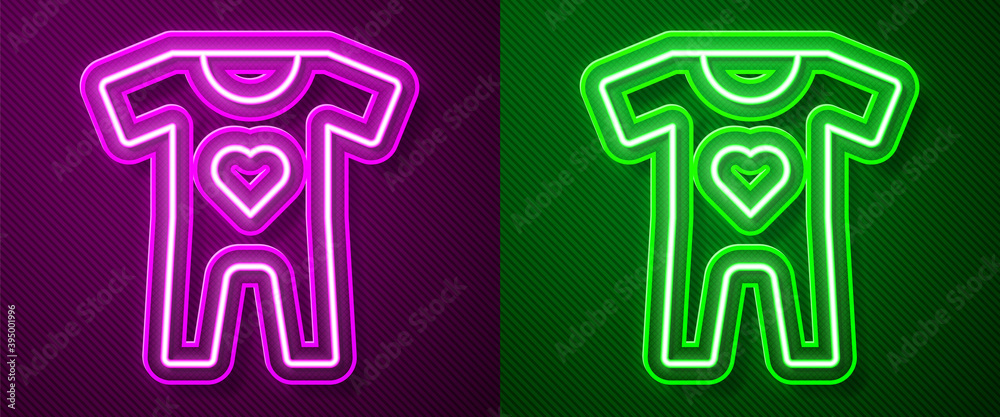 Glowing neon line Baby clothes icon isolated on purple and green background. Baby clothing for baby girl and boy. Baby bodysuit. Vector. Glowing neon line Baby clothes icon isolated on purple and green background. Baby clothing for baby girl and boy. Baby bodysuit. Vector.