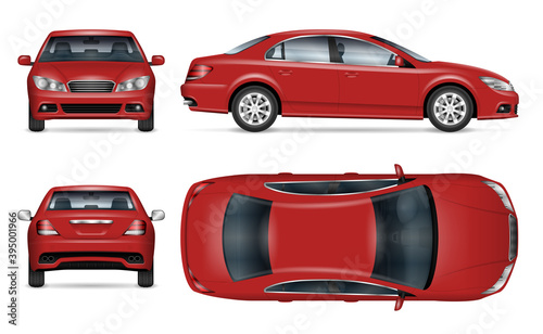 Sedan car vector mockup for vehicle branding, advertising, corporate identity. View from side, front, back and top. All elements in the groups on separate layers for easy editing and recolor.