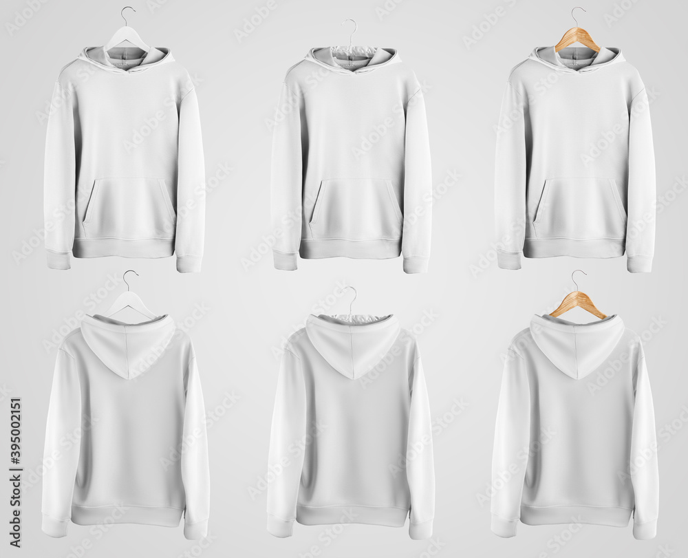 White hoodie mockup on wooden and fabric hanger, blank clothes with pocket isolated on background, front and back view. - obrazy, fototapety, plakaty 