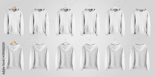 White hoodie mockup hanging on different material hangers, front and back view, isolated on background.